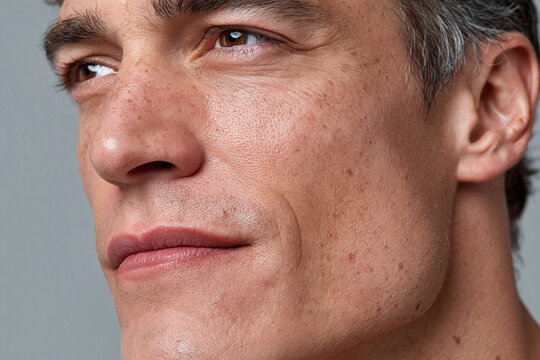 Handsome close up of male face with slightly overfilled lips, strong jawline, textured skin and subtle expression conveying confidence and calm