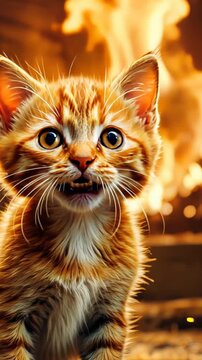 A close-up of a fluffy red striped kitten with eyes wide open in horror and mouth open, a burning background with bright fire, the concept of disaster.