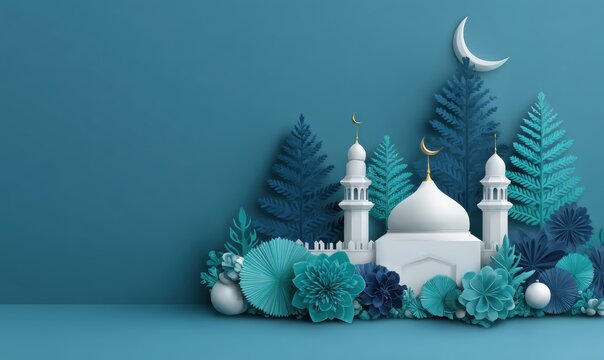 Decorative mosque with crescent moon and ornamental teal plants on blue backdrop