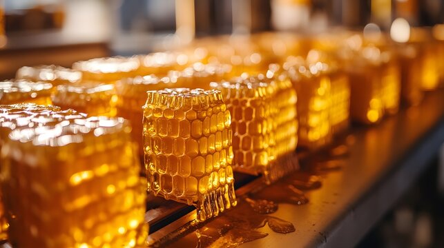 Rows of golden honeycomb frames filled with liquid honey in a warm industrial setting showcasing natural sweetness and artisanal beekeeping craftsmanship for commercial use.