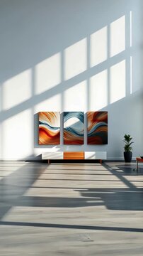 Bright sunlight streams through tall windows onto minimalist living room with modern furniture and abstract triptych painting, plant on foreground, concept of contemporary home comfort