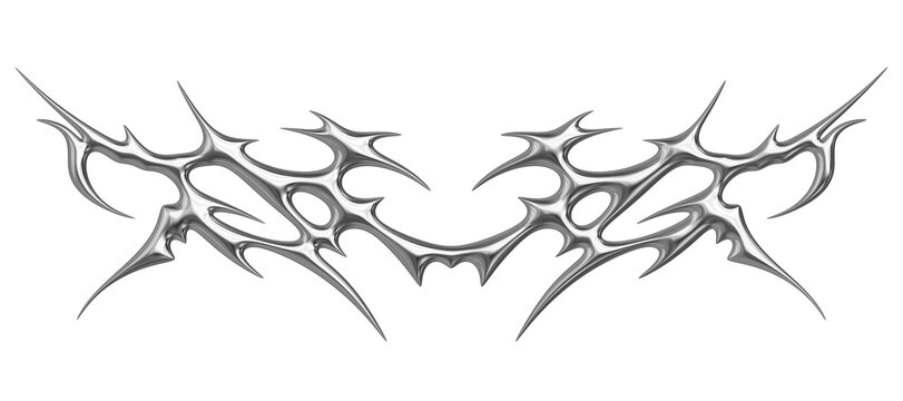 Neo tribal chrome shapes with sharp cyber sigilism. Liquid metallic abstract Y2K symmetrical design