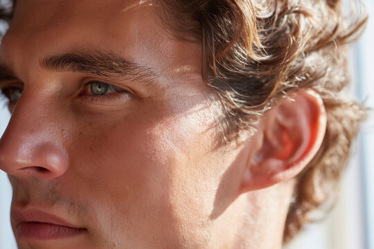Young man close up portrait with smooth hydrated skin and soft lighting expressing calm confidence