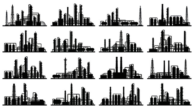 Industrial Refinery Silhouettes, Oil Gas Plant Black and White Line Art