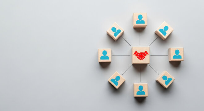 Organization network, Empathy heart icon connecting diverse people blocks, showing emotional intelligence, teamwork, trust, mental health care, compassionate leadership organizations, collaboration 