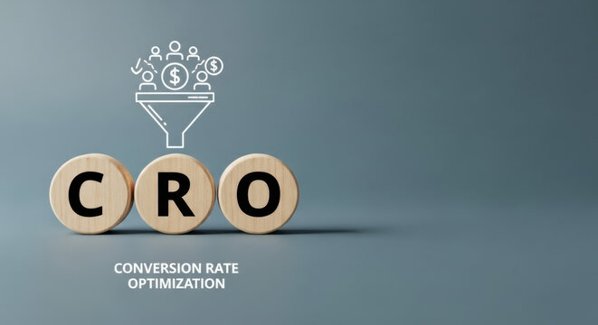 Conversion Rate Optimization, CRO success strategy, marketing funnel, business performance improvement, customer journey metrics visualization, letters CRO on wooden, Copy space blue background