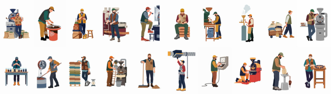Set of flat vector illustrations showing professional coffee roasters performing various tasks in an industrial roastery, including roasting, sorting, and quality control.