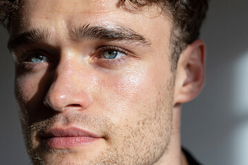 Fototapeta premium Close up male face cheek softly lit by window light blue eye stubble natural skin texture soft shadow contemplative expression