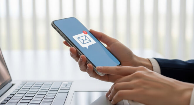 Mobile email notification concept, unread message alert on smartphone screen, user checking inbox on device beside laptop, digital communication, business workflow and productivity in modern workplace