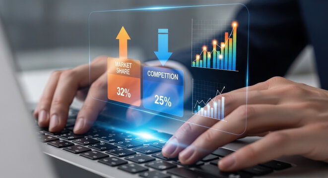 Business market share growth analysis dashboard with competition comparison, financial performance metrics, and data visualization on laptop screen for strategic planning and corporate decision making
