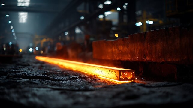 Molten steel billet moving on a production line in a heavy metal factory.