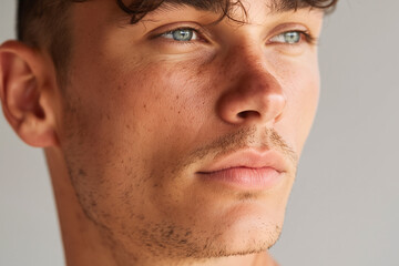 Obraz premium Handsome young man close up portrait with realistic skin texture, subtle stubble, blue eyes and thoughtful expression in soft natural light