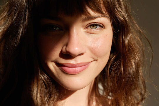 Young woman close up portrait with realistic skin and subtle dimples smiling warmly in natural light
