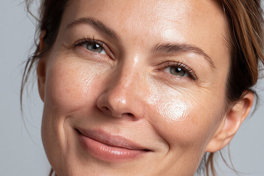 Close up cheek lips smooth skin smile natural makeup radiant skin texture youthful glow