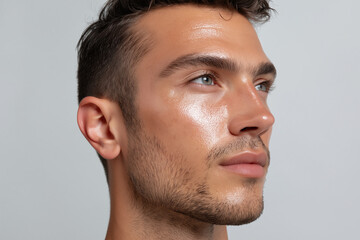 Naklejka premium Glowing male face close up with glass skin effect, blue eyes, light stubble, soft studio lighting conveying calm confidence