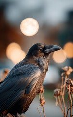 Obraz premium Raven with detailed dark feathers perched in urban setting against glowing full moon and blurred city skyline at twilight for mystical night themes and halloween design