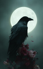 Obraz premium Dark raven with flowing ink like feathers dissolving into mist before a luminous full moon in deep blue night sky creating dramatic gothic fantasy atmosphere for halloween posters book covers and myst
