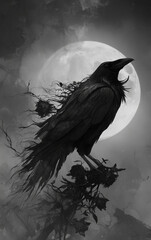 Obraz premium Dark raven with flowing ink like feathers dissolving into mist before a luminous full moon in deep blue night sky creating dramatic gothic fantasy atmosphere for halloween posters book covers and myst