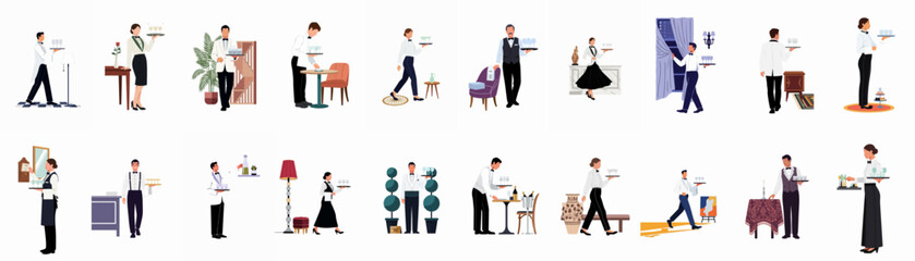 Fototapeta premium Large Collection of Professional Waiters and Waitresses in Formal Uniforms Serving Food and Drinks in a Fine Dining Restaurant Environment