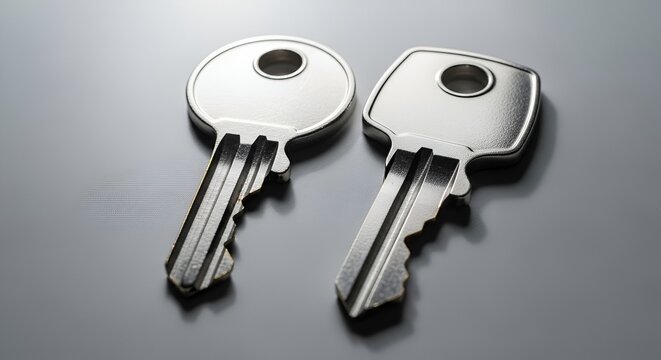 Two silver keys, one round head, one square head, on a reflective dark surface.