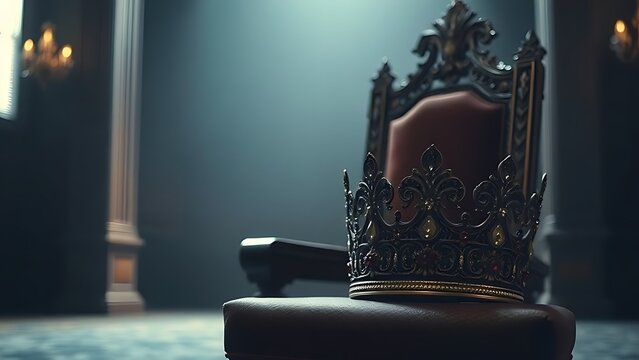abdication. An ornate jeweled crown resting on an empty throne in a dim room. event programs, museum guides, designed for cultural heritage projects and event programs, elevates cultural identity.