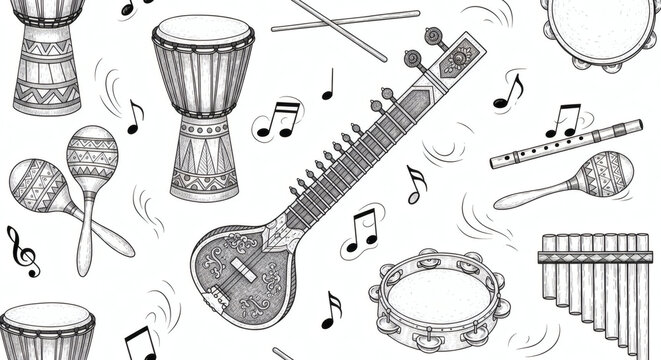 Seamless pattern of world musical instruments in hand drawn style. African drums, sitar, maracas, pan flute and tambourine arranged in balanced composition, cultural diversity theme, clean background