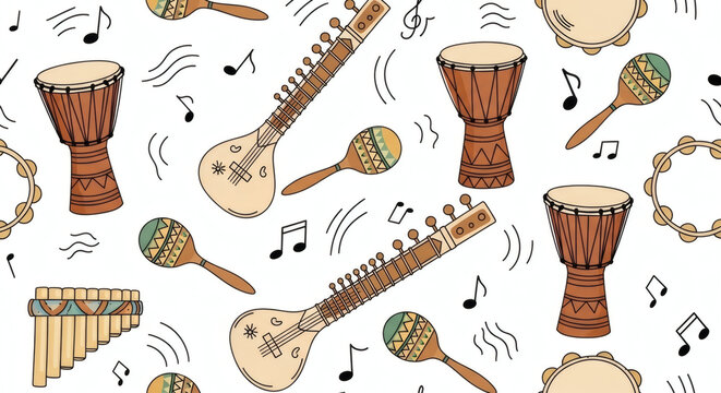 Seamless pattern of world musical instruments in hand drawn style. African drums, sitar, maracas, pan flute and tambourine arranged in balanced composition, cultural diversity theme, clean background