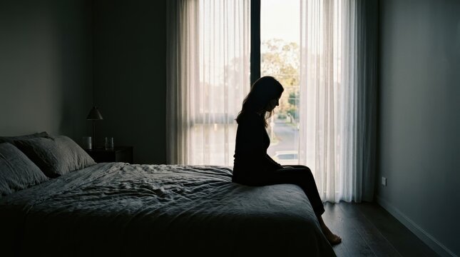 Silhouette of a depressed woman sitting alone on the edge of a bed in a dark room.