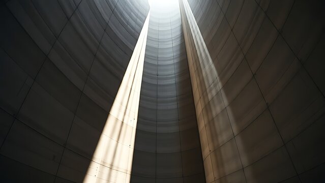 lightwell. A monumental geometric concrete light well with sharp beams of sunlight. real-estate listings, architecture portfolios, designed for real-estate listing and luxury residence showcases.