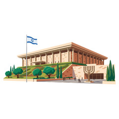 Obraz premium High quality flat vector design of the Knesset building in Jerusalem with the national flag and menorah monument featuring clean 2D lines and a professional minimalist white background layout.