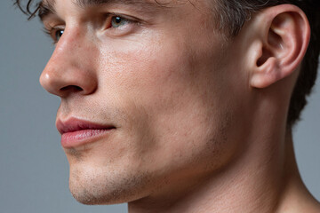 Obraz premium Young man profile with sharp jawline, smooth skin texture, stubble and neutral expression in studio lighting, close up portrait conveying calm confidence and natural detail