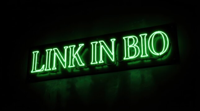 Green neon sign with the text link in bio against a dark background for social media marketing.