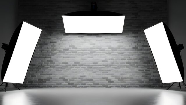 Professional photography studio setup with three softbox lights illuminating a grey brick wall and floor
