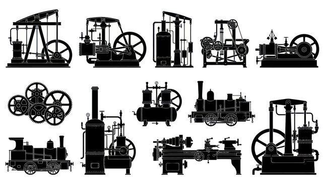 Vintage Industrial Steam Engine Machinery Silhouettes Vector Set - Engineering History Icons