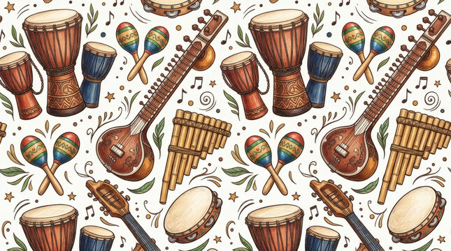 Seamless pattern of world musical instruments in hand drawn style. African drums, sitar, maracas, pan flute and tambourine arranged in balanced composition, cultural diversity theme, clean background