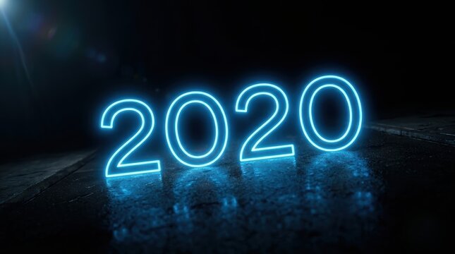 Glowing blue neon 2020 numbers on a dark reflective floor for retrospective and historical concepts.