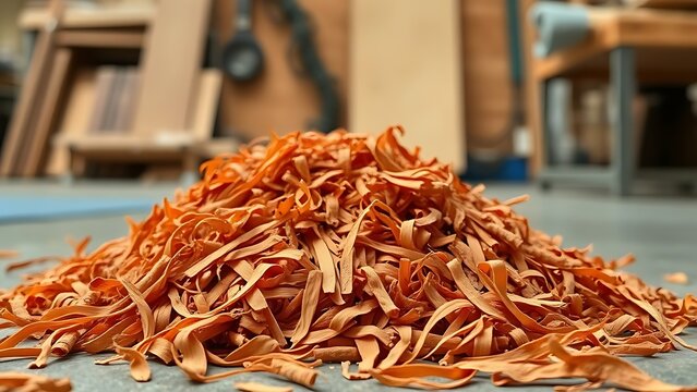 padauk. Curly, orange-red wood shavings from padauk piled on a workshop floor. safety posters, maintenance manuals, designed for precision metalworking and fabrication facilities.