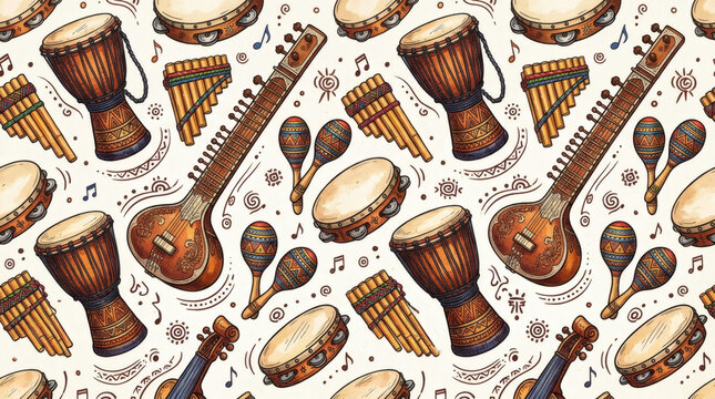 Seamless pattern of world musical instruments in hand drawn style. African drums, sitar, maracas, pan flute and tambourine arranged in balanced composition, cultural diversity theme, clean background