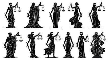 Fototapeta premium Lady Justice Scales Sword Blindfold Silhouette Vector Set Law Legal