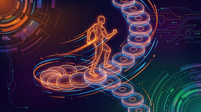 Futuristic digital illustration of a human figure climbing a glowing spiral staircase representing career growth and technological progress.