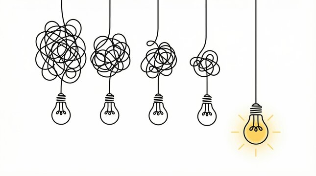 Conceptual illustration showing the transition from a tangled mess to a clear idea with a glowing light bulb.