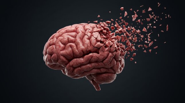 Conceptual illustration of a human brain shattering into pieces representing memory loss, dementia, and mental health decline.