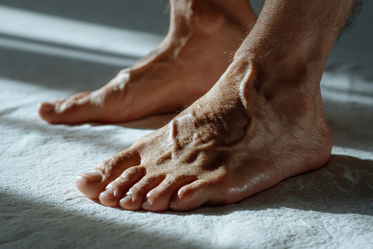 Bare male foot and ankle with sunlight highlighting veins and skin texture, close up of foot on fabric surface showing natural light and detail