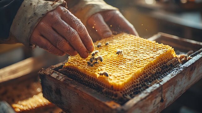 Close up of beekeeper's hands gently inspecting a golden honeycomb frame with bees actively moving around it in a warm sunlit apiary setting emphasizing natural beekeeping practices and