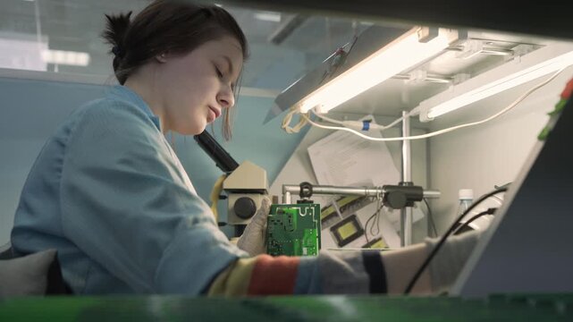 Female engineer using soldering iron on circuit board. Creating hardware processor in laboratory. Innovation system development.
