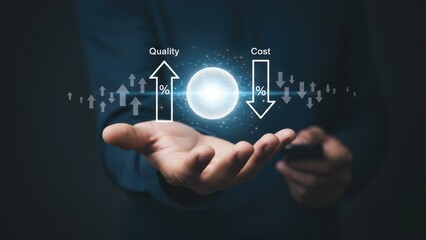 Obraz premium Businessman holding a digital interface showing quality improvement and cost reduction strategy.