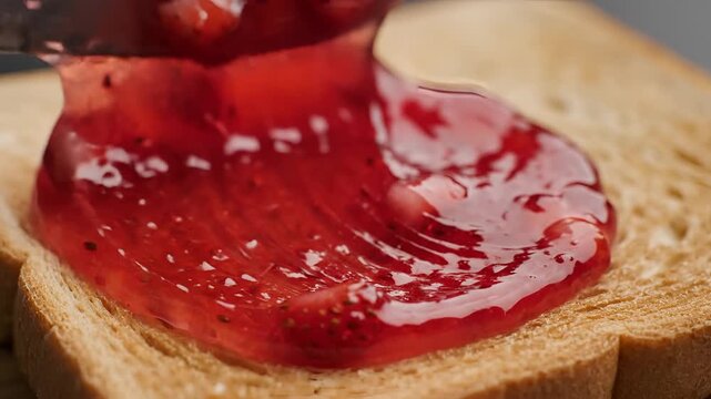 Spreading delicious red jam on toasted bread with a knife macro shot.