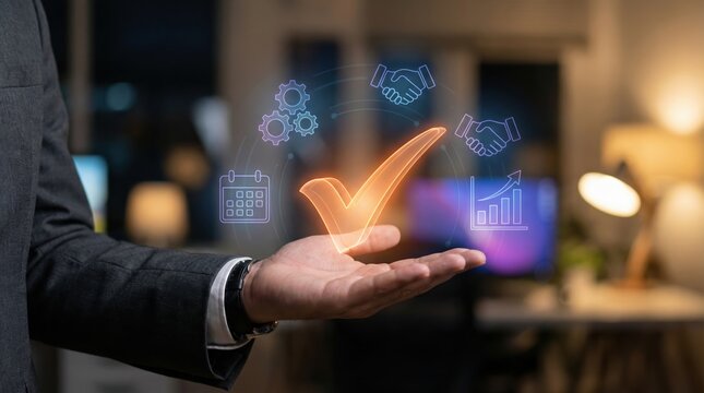 Businessman holding a glowing orange checkmark icon representing business success, quality assurance, and project completion.