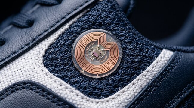 Macro shot of NFC security chip embedded in luxury sneaker fabric for authentication