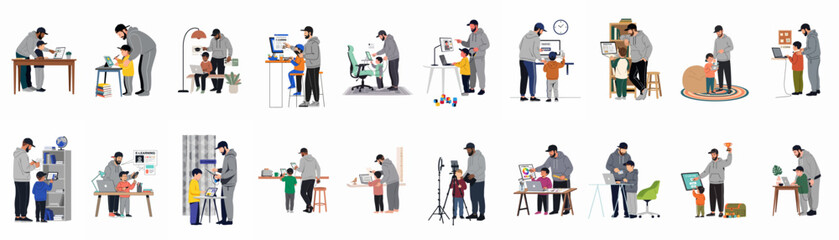Fototapeta premium Diverse set of illustrations featuring a father mentoring and assisting his young son with digital learning, technology use, and homeschooling tasks.